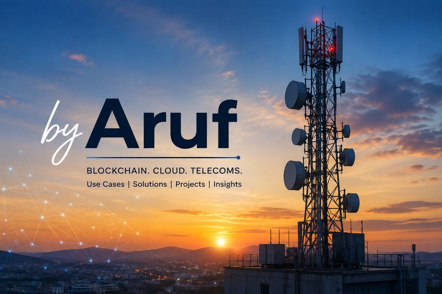 ByAruf brand plate: a telecom tower at sunset overlaid with a blockchain network graphic, reading Blockchain, Cloud, Telecoms