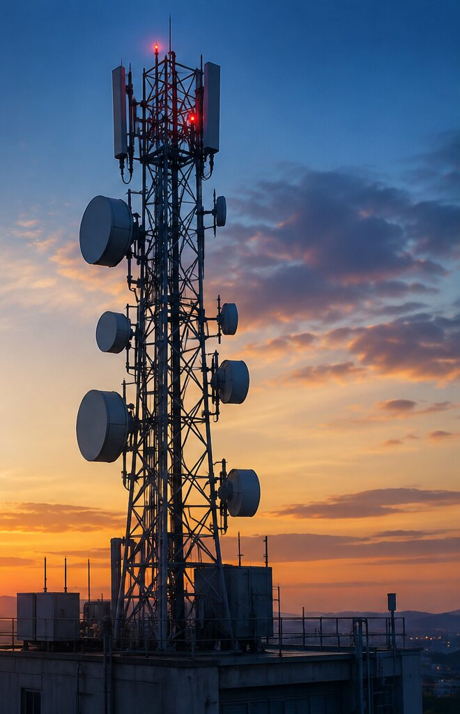 Telecom tower at sunset overlaid with a blockchain network graphic